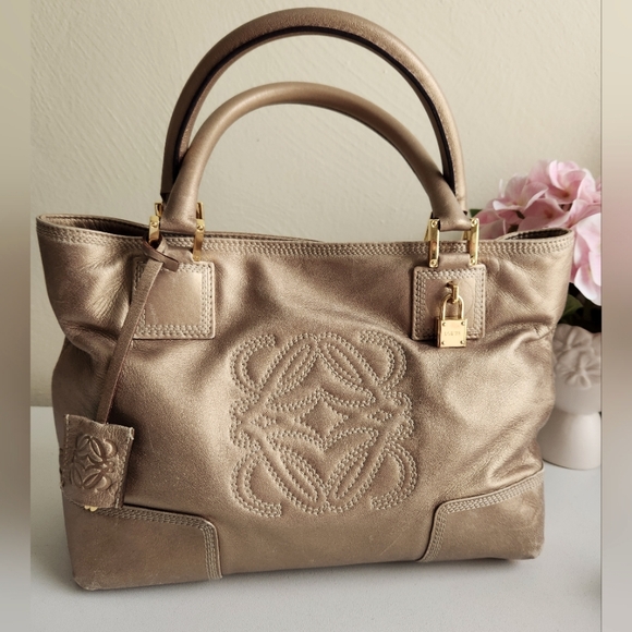 Loewe Handbags - LOEWE Lambskin Tote Hand Bag Gold Leather Purse Padlock and Key